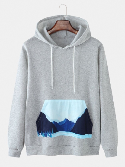 Sudaderas Con Capucha Simples De Manga Larga Con Bolsillo Con Estampado De Paisaje Para Hombre