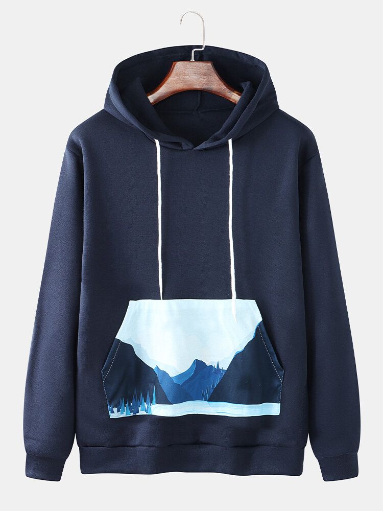 Sudaderas Con Capucha Simples De Manga Larga Con Bolsillo Con Estampado De Paisaje Para Hombre