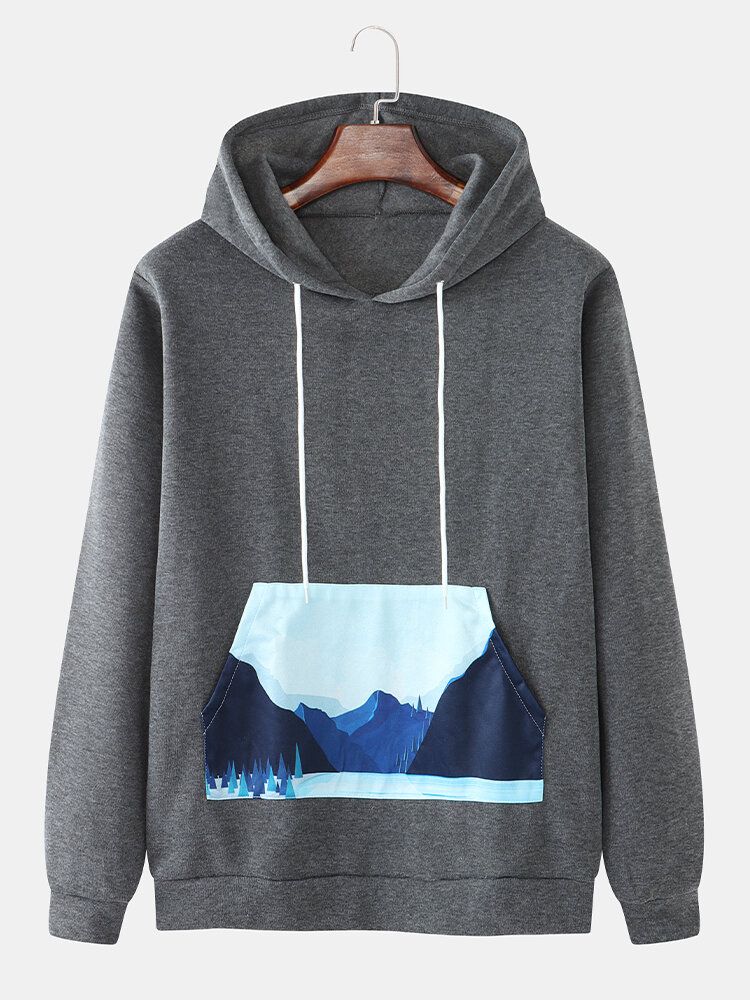 Sudaderas Con Capucha Simples De Manga Larga Con Bolsillo Con Estampado De Paisaje Para Hombre