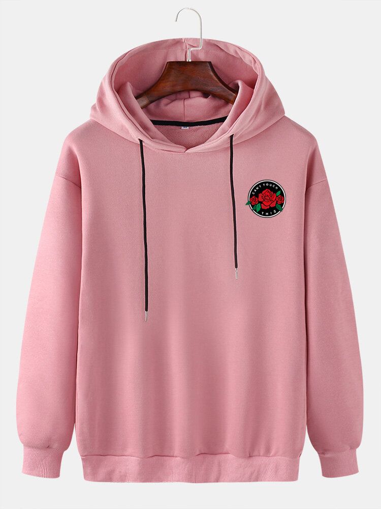 Sudaderas Con Capucha Simples De Manga Larga Con Hombros Caídos Con Estampado De Pecho Rosa Para Hombre