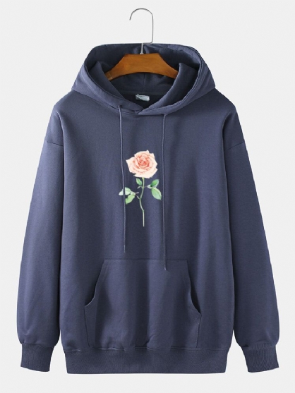 Sudaderas Con Capucha Simples De Manga Larga Con Hombros Caídos Y Estampado De Rosas 100% Algodón Para Hombre