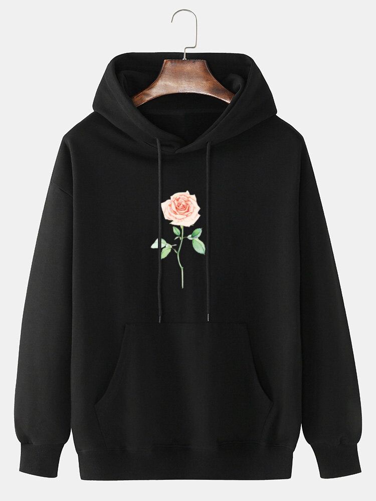 Sudaderas Con Capucha Simples De Manga Larga Con Hombros Caídos Y Estampado De Rosas 100% Algodón Para Hombre