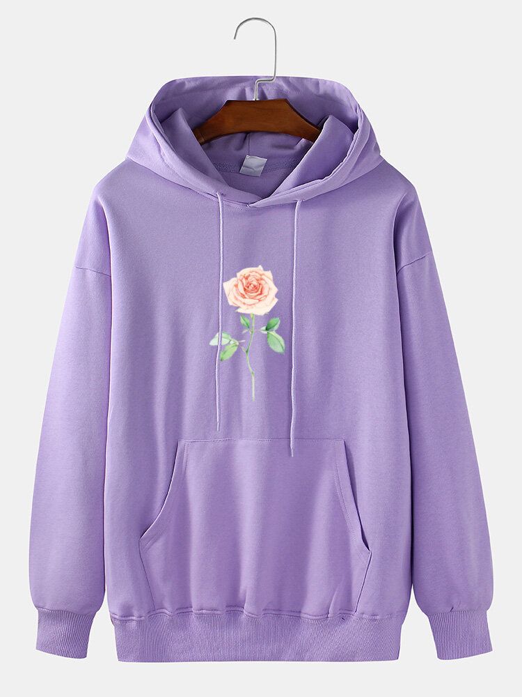 Sudaderas Con Capucha Simples De Manga Larga Con Hombros Caídos Y Estampado De Rosas 100% Algodón Para Hombre