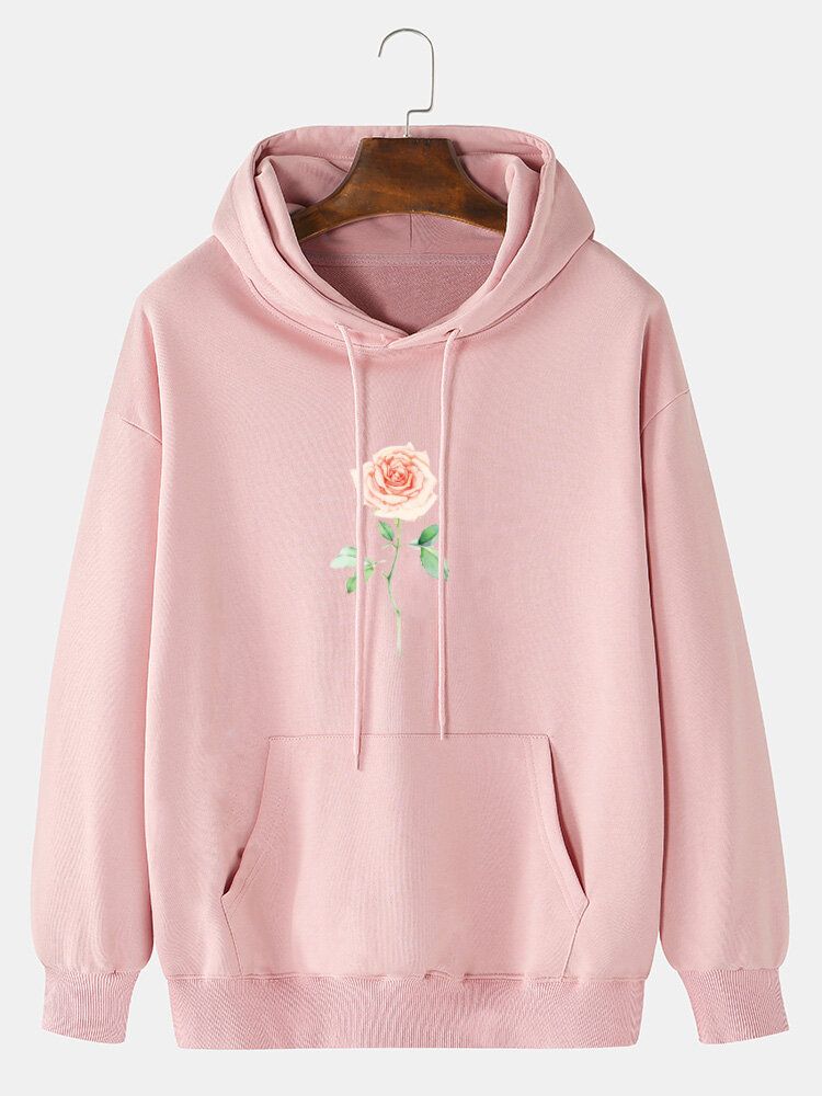 Sudaderas Con Capucha Simples De Manga Larga Con Hombros Caídos Y Estampado De Rosas 100% Algodón Para Hombre