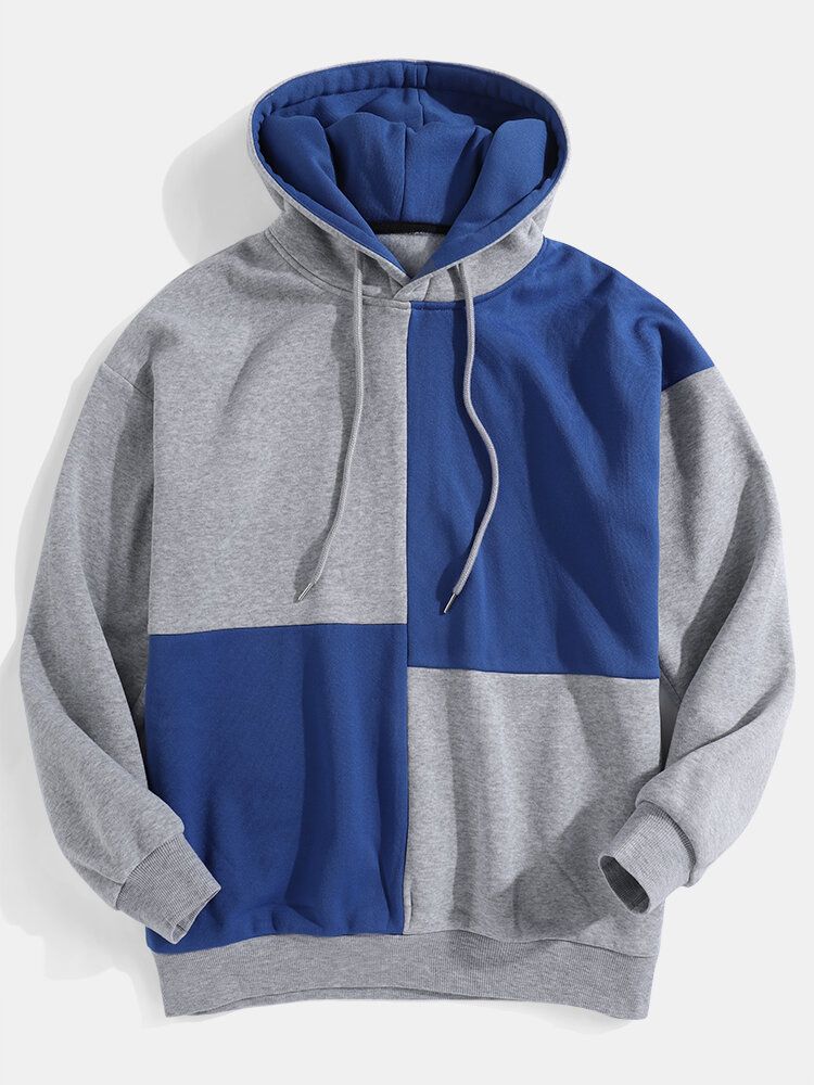 Sudaderas Con Capucha Sueltas Con Cordones Casuales Con Costuras En Bloque De Color En Contraste Para Hombre