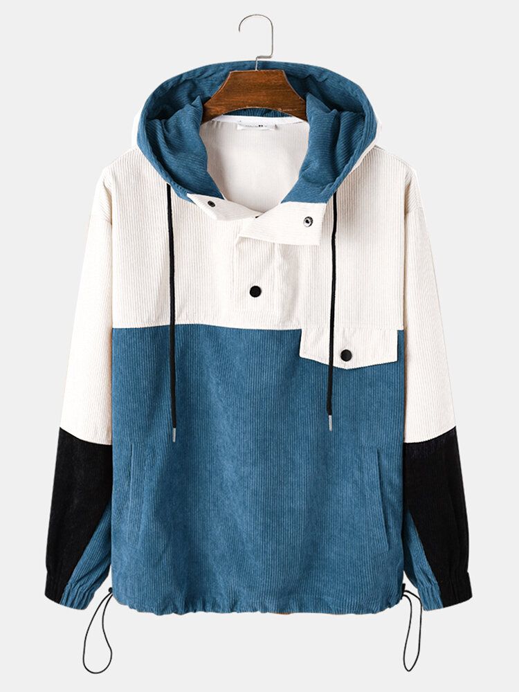 Sudaderas Con Capucha De Textura De Manga Larga De Pana Con Empalme En Contraste Para Hombre