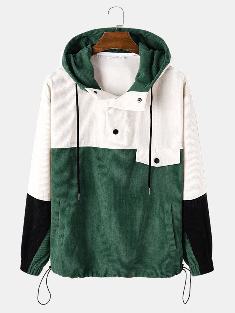 Sudaderas Con Capucha De Textura De Manga Larga De Pana Con Empalme En Contraste Para Hombre