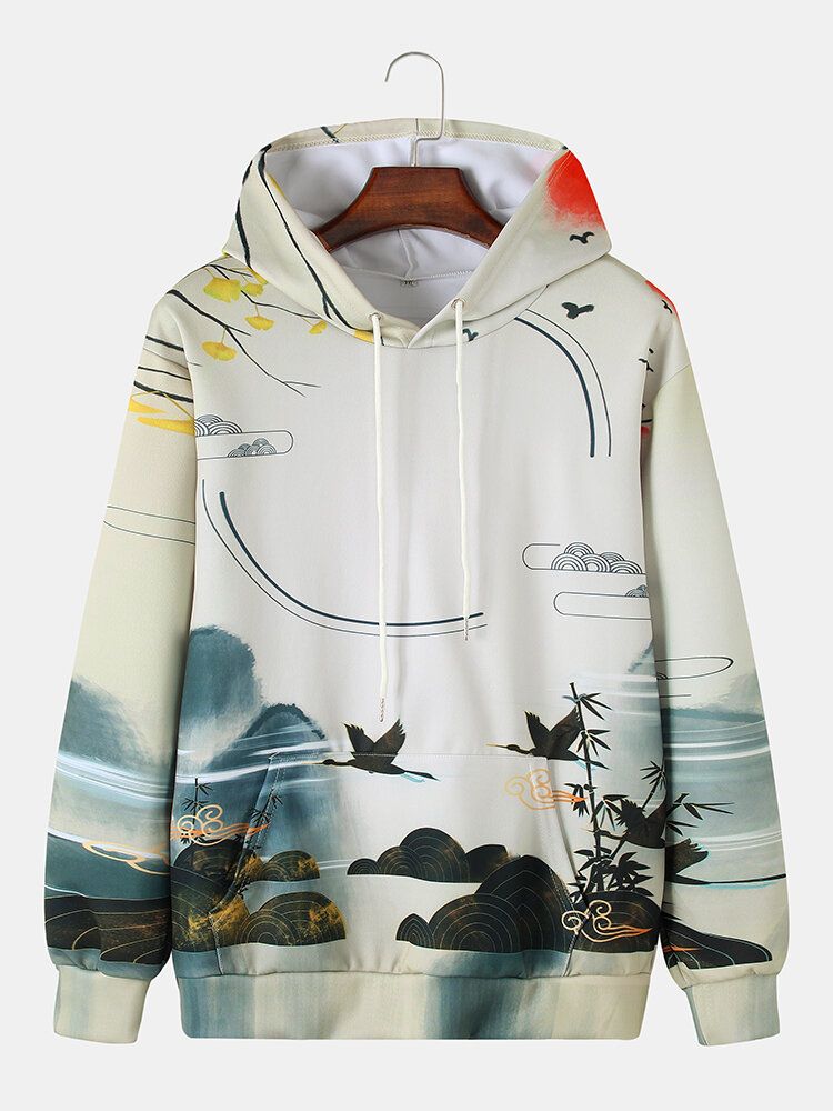 Sudaderas Con Capucha Tipo Chinoiserie De Bolsillo De Canguro Con Estampado De Pintura De Paisaje De Estilo Étnico Para Hombre