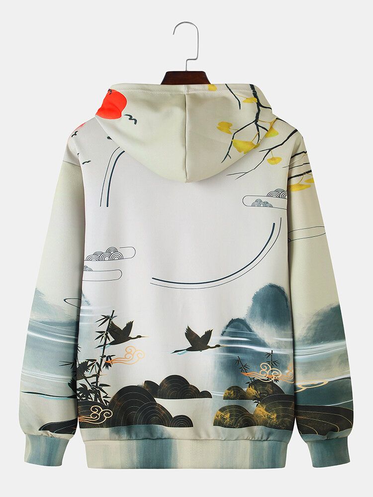 Sudaderas Con Capucha Tipo Chinoiserie De Bolsillo De Canguro Con Estampado De Pintura De Paisaje De Estilo Étnico Para Hombre