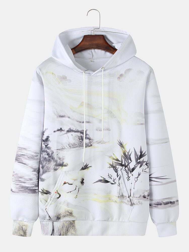 Sudaderas Con Capucha Tipo Chinoiserie De Manga Larga Con Estampado De Paisaje De Tinta Para Hombre Con Bolsillo