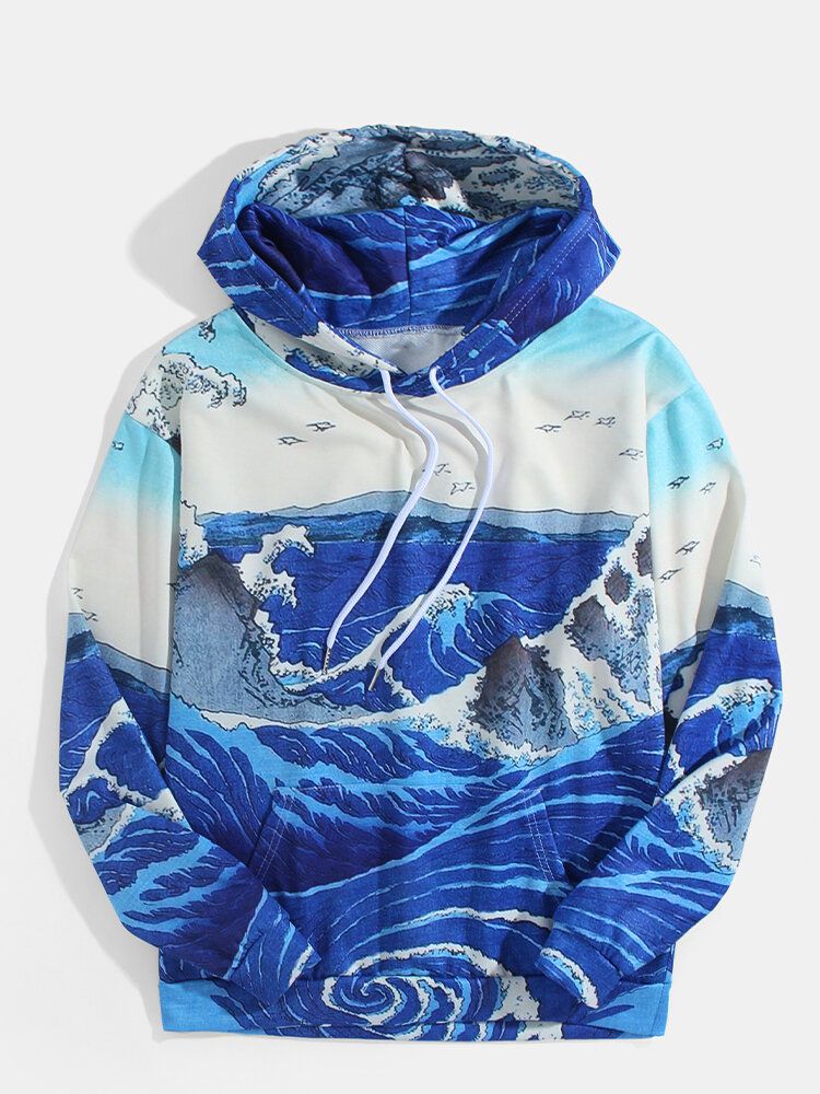 Sudaderas Con Capucha Ukiyoe De Bolsillo De Canguro Con Estampado De Paisaje Ondulado Para Hombre