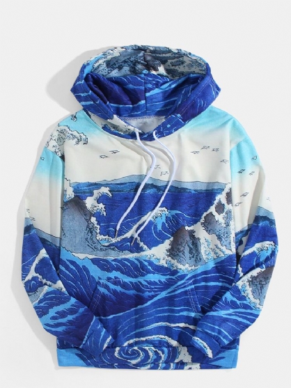 Sudaderas Con Capucha Ukiyoe De Bolsillo De Canguro Con Estampado De Paisaje Ondulado Para Hombre