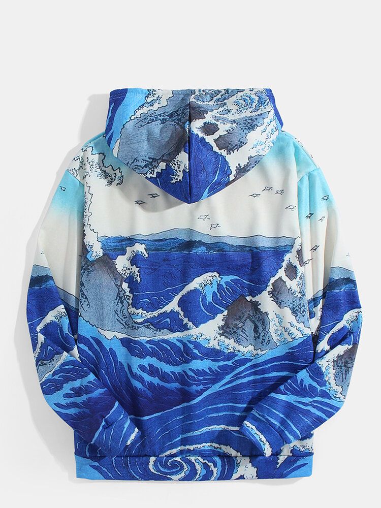 Sudaderas Con Capucha Ukiyoe De Bolsillo De Canguro Con Estampado De Paisaje Ondulado Para Hombre