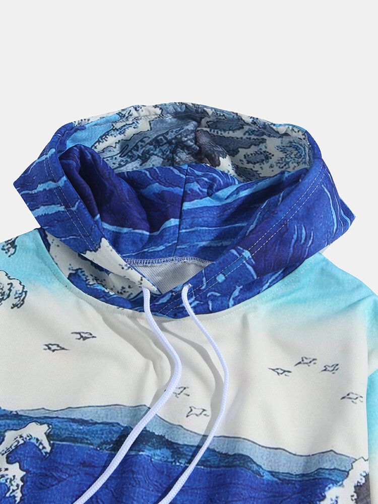 Sudaderas Con Capucha Ukiyoe De Bolsillo De Canguro Con Estampado De Paisaje Ondulado Para Hombre