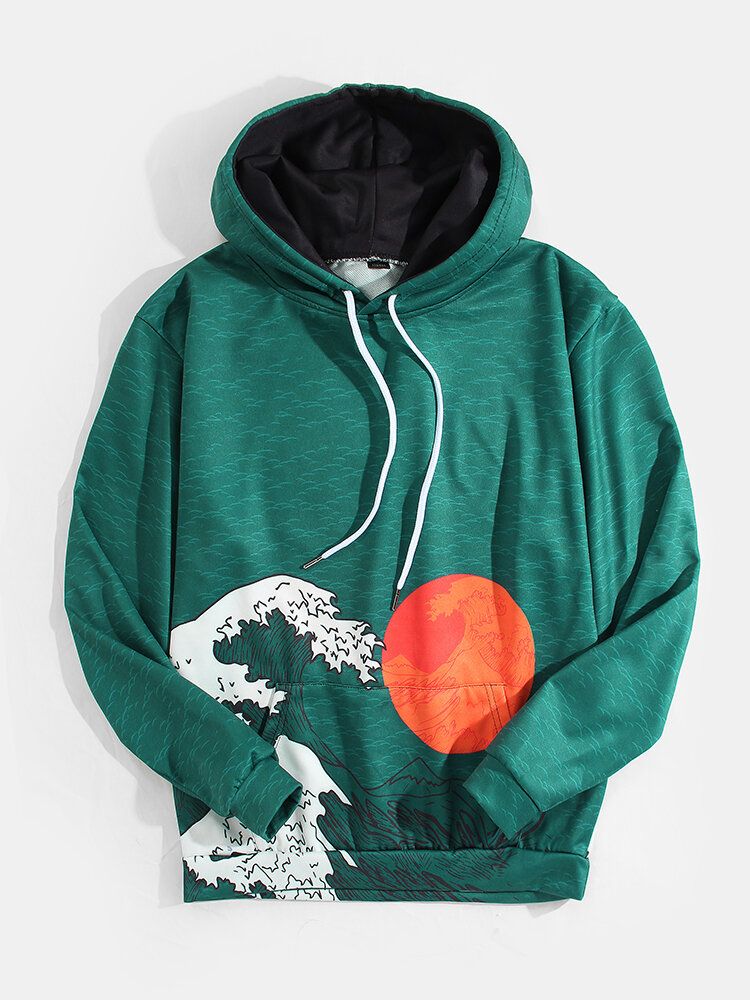 Sudaderas Con Capucha Ukiyoe Con Diseño De Paisaje Marino Para Hombre Con Bolsillo De Canguro