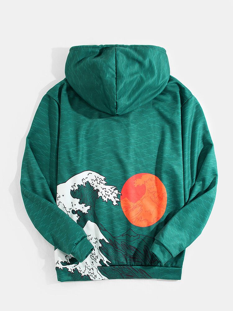 Sudaderas Con Capucha Ukiyoe Con Diseño De Paisaje Marino Para Hombre Con Bolsillo De Canguro