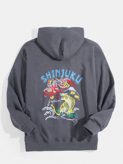 Sudaderas Con Capucha Ukiyoe Con Estampado De Letras Y Animales En La Espalda Para Hombre Con Bolsillo Canguro