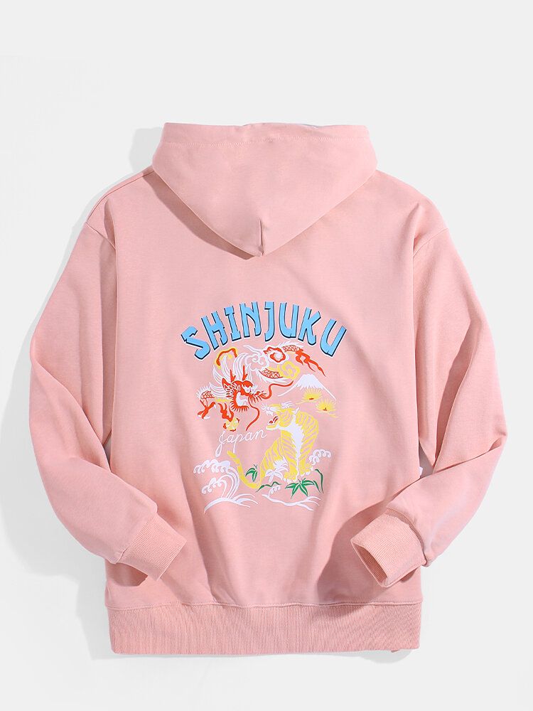 Sudaderas Con Capucha Ukiyoe Con Estampado De Letras Y Animales En La Espalda Para Hombre Con Bolsillo Canguro