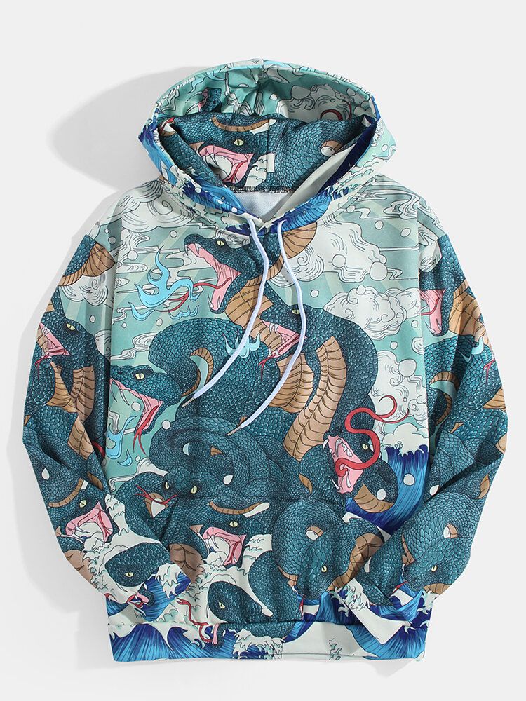 Sudaderas Con Capucha Ukiyoe De Manga Larga Con Bolsillo De Canguro De Estilo Étnico Con Gráficos De Serpiente Para Hombre