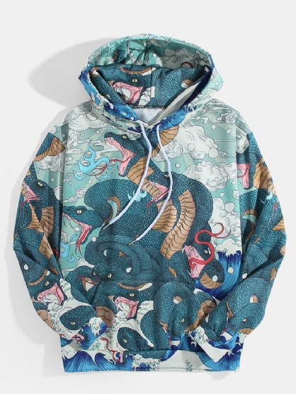 Sudaderas Con Capucha Ukiyoe De Manga Larga Con Bolsillo De Canguro De Estilo Étnico Con Gráficos De Serpiente Para Hombre