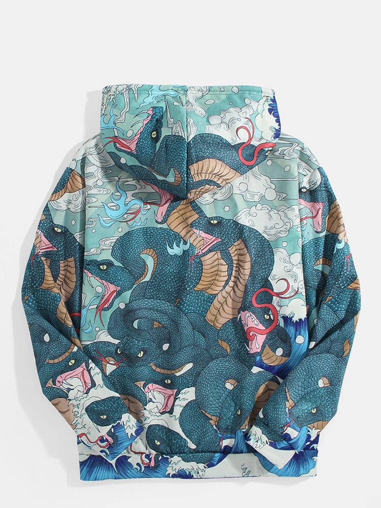 Sudaderas Con Capucha Ukiyoe De Manga Larga Con Bolsillo De Canguro De Estilo Étnico Con Gráficos De Serpiente Para Hombre