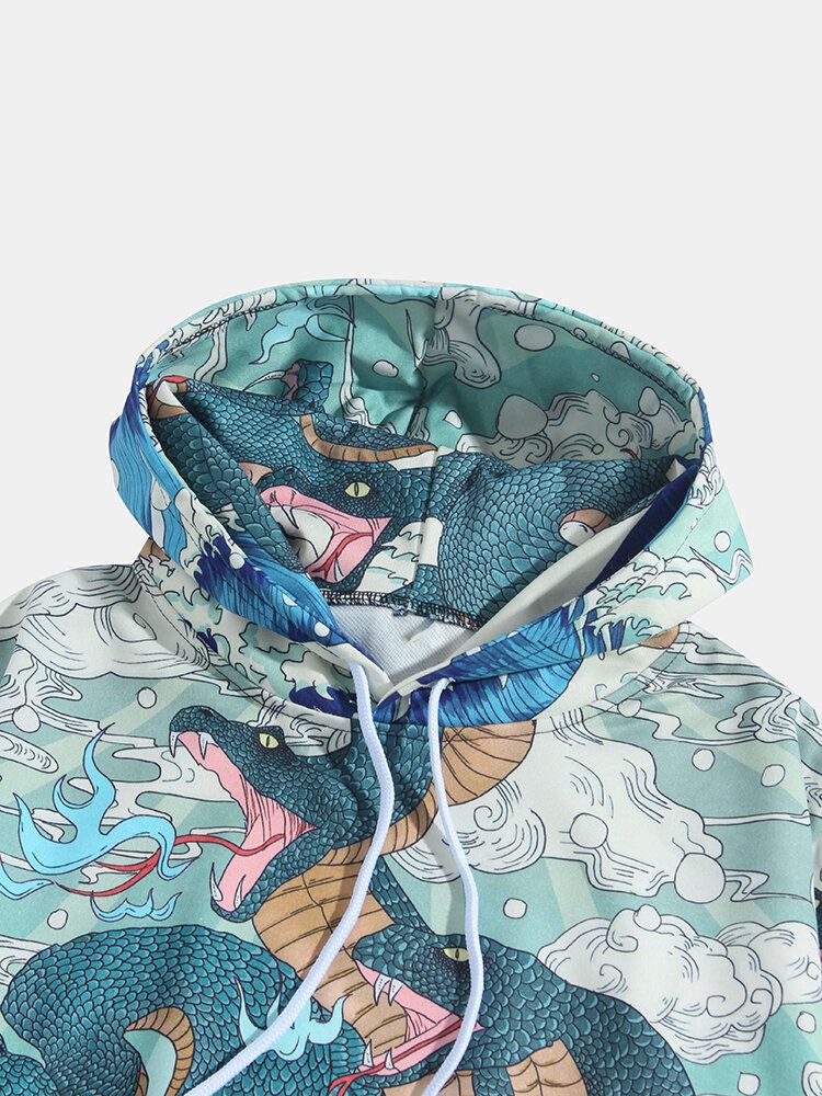 Sudaderas Con Capucha Ukiyoe De Manga Larga Con Bolsillo De Canguro De Estilo Étnico Con Gráficos De Serpiente Para Hombre