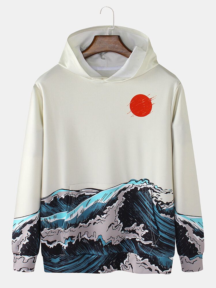 Sudaderas Con Capucha Ukiyoe De Manga Larga Con Bolsillo Con Estampado De Paisaje Marino Para Hombre