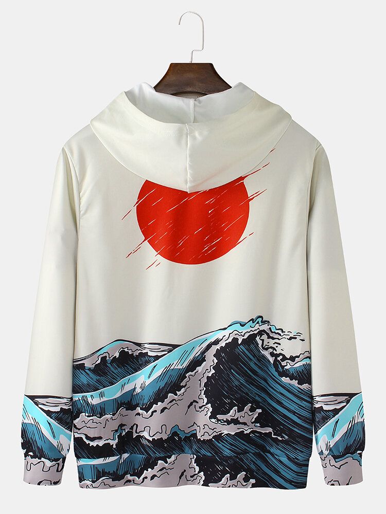 Sudaderas Con Capucha Ukiyoe De Manga Larga Con Bolsillo Con Estampado De Paisaje Marino Para Hombre