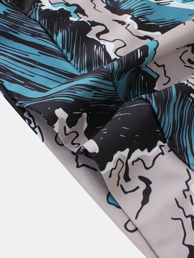 Sudaderas Con Capucha Ukiyoe De Manga Larga Con Bolsillo Con Estampado De Paisaje Marino Para Hombre