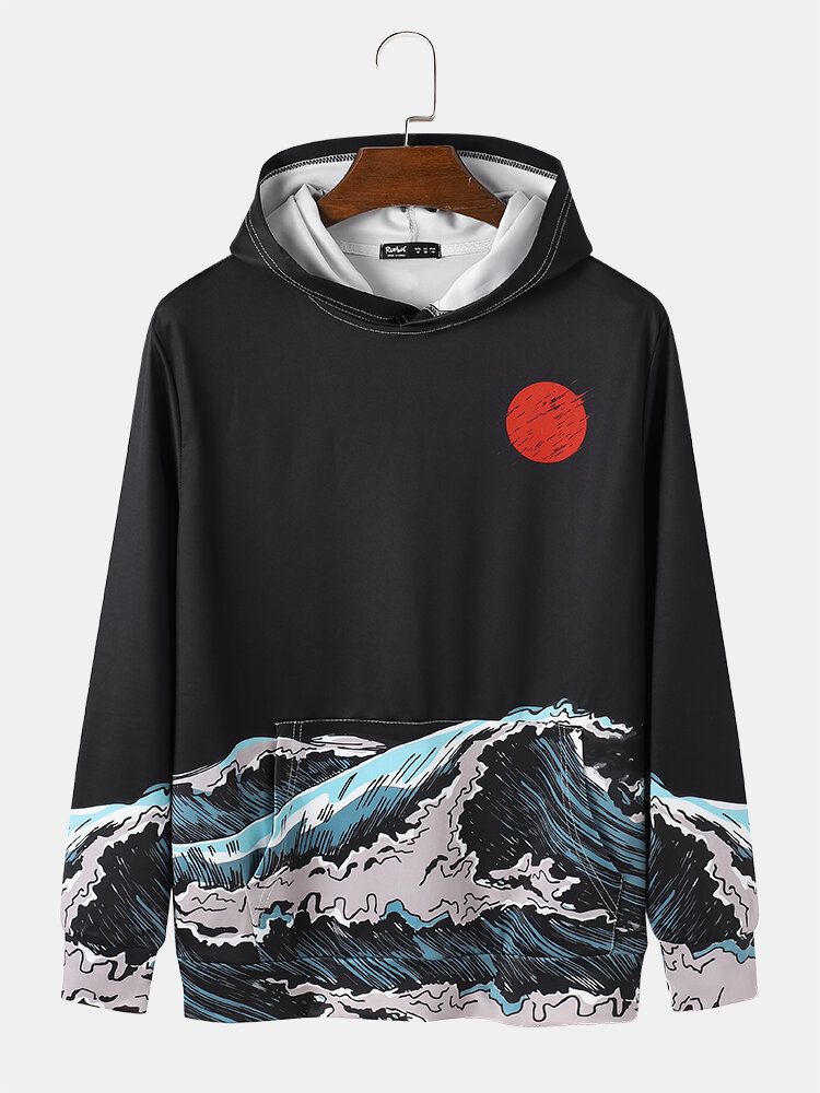 Sudaderas Con Capucha Ukiyoe De Manga Larga Con Bolsillo Con Estampado De Paisaje Marino Para Hombre