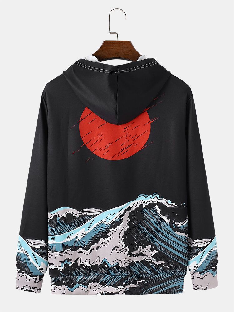 Sudaderas Con Capucha Ukiyoe De Manga Larga Con Bolsillo Con Estampado De Paisaje Marino Para Hombre