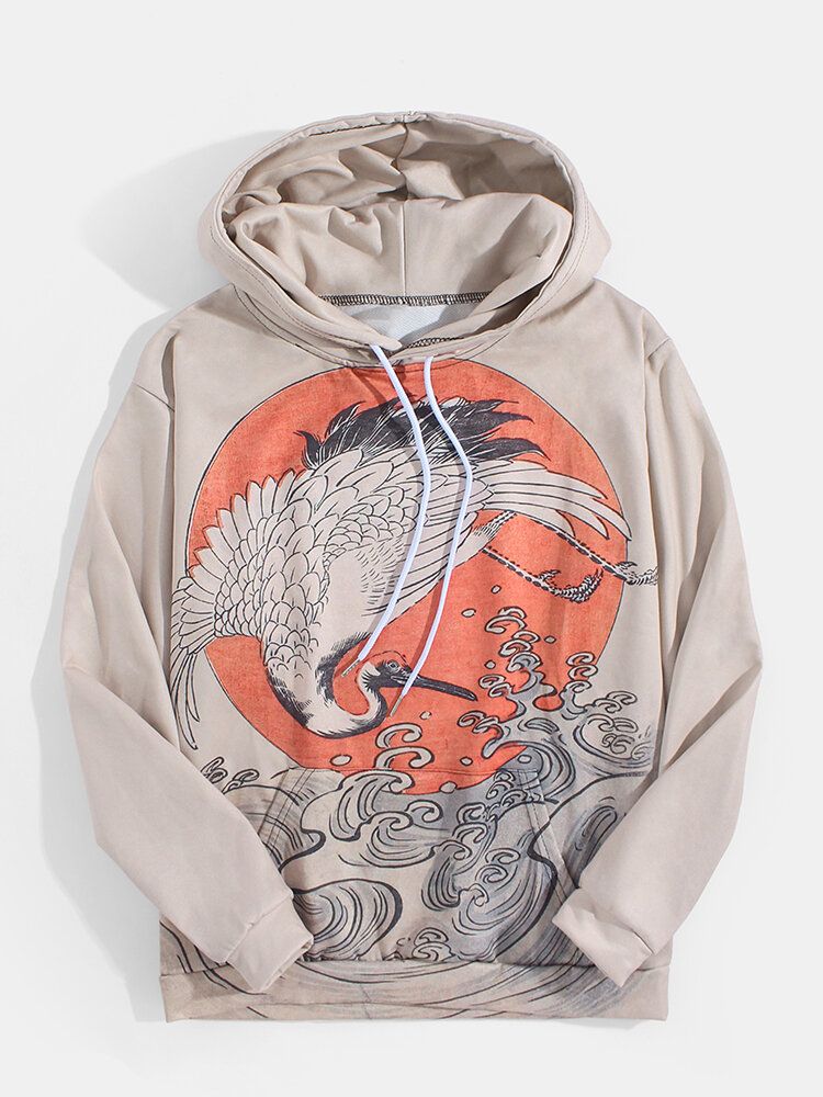 Sudaderas Con Capucha Ukiyoe De Manga Larga De Estilo Étnico Con Estampado De Crant Para Hombre Con Bolsillo