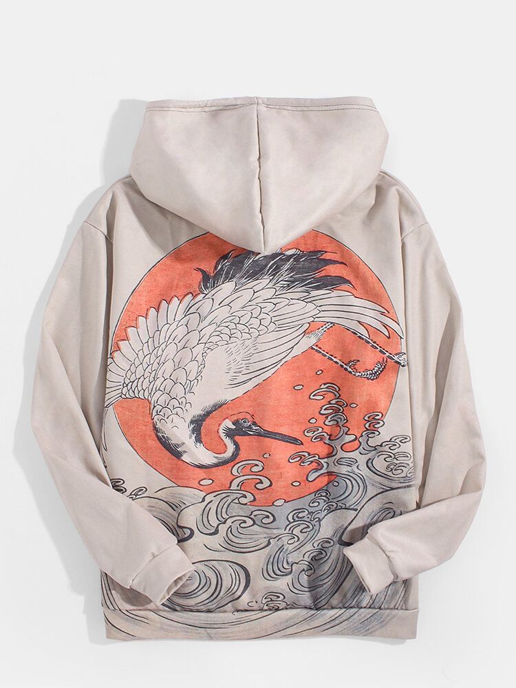 Sudaderas Con Capucha Ukiyoe De Manga Larga De Estilo Étnico Con Estampado De Crant Para Hombre Con Bolsillo