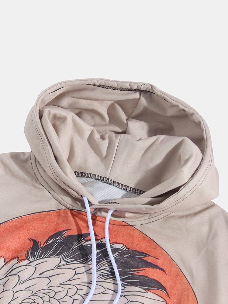 Sudaderas Con Capucha Ukiyoe De Manga Larga De Estilo Étnico Con Estampado De Crant Para Hombre Con Bolsillo