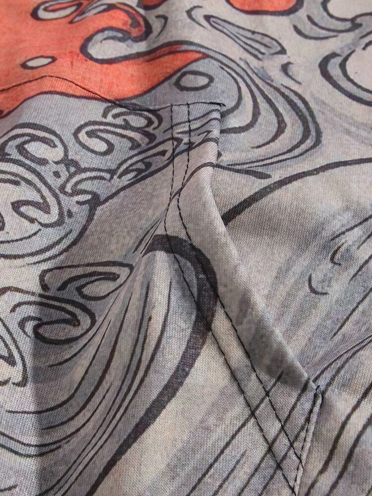 Sudaderas Con Capucha Ukiyoe De Manga Larga De Estilo Étnico Con Estampado De Crant Para Hombre Con Bolsillo