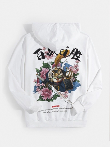 Sudaderas Con Capucha Ukiyoe Con Patrón De Espalda De Dibujos Animados Con Estampado De Texto Para Hombre Con Bolsillo