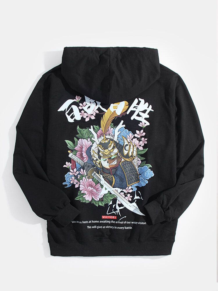 Sudaderas Con Capucha Ukiyoe Con Patrón De Espalda De Dibujos Animados Con Estampado De Texto Para Hombre Con Bolsillo