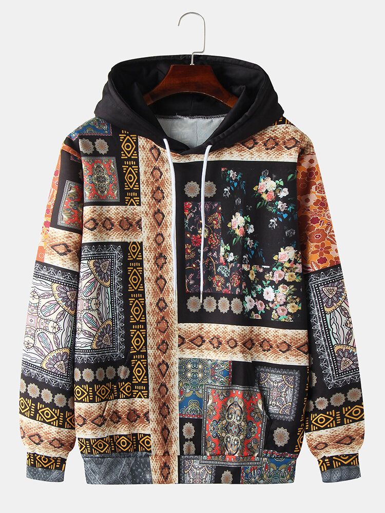 Sudaderas Con Capucha Vintage De Manga Larga Con Estampado De Estilo Étnico De Piel De Serpiente Para Hombre Con Bolsillo De Canguro