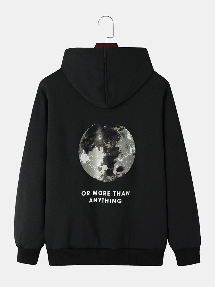 Sudaderas Con Cordón De Algodón Cálido Con Forro De Felpa Con Eslogan Gráfico De Luna Trasera Para Hombre