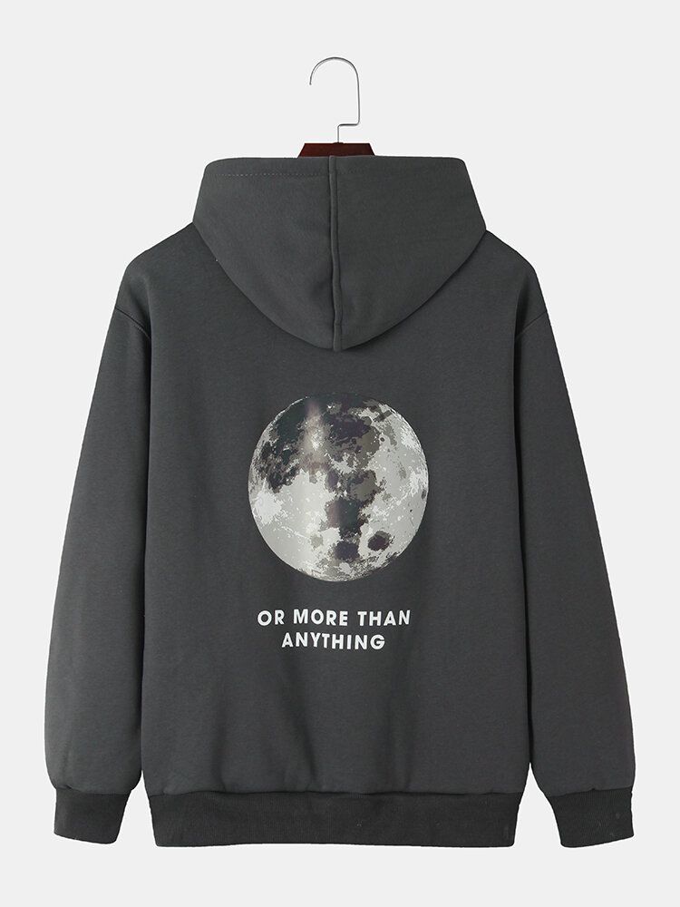 Sudaderas Con Cordón De Algodón Cálido Con Forro De Felpa Con Eslogan Gráfico De Luna Trasera Para Hombre