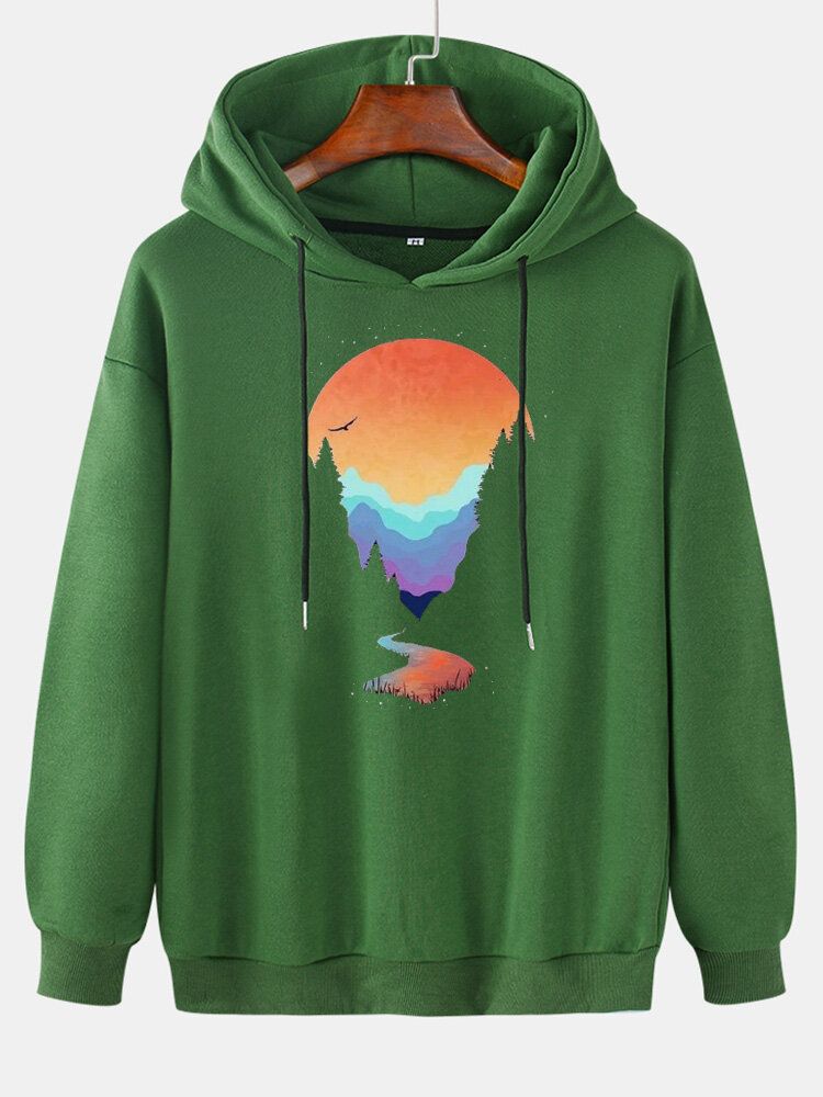 Sudaderas Con Cordón Con Diseño De Estampado De Paisaje De Algodón Para Hombre