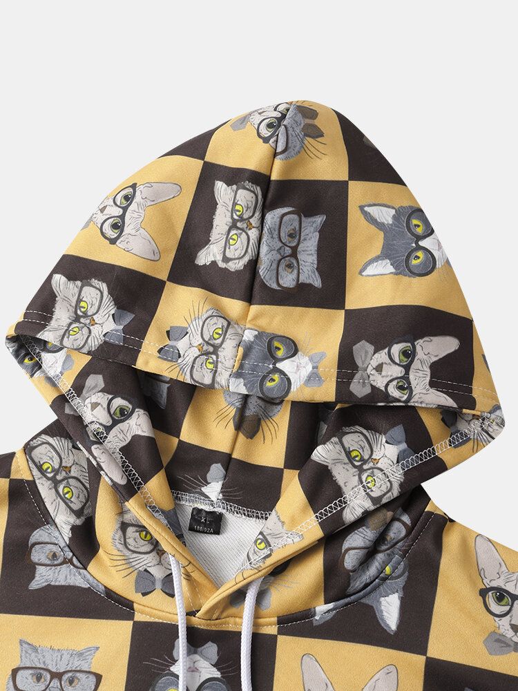 Sudaderas Con Cordón Con Estampado De Gato De Dibujos Animados Divertidos Para Hombre Con Bolsillo