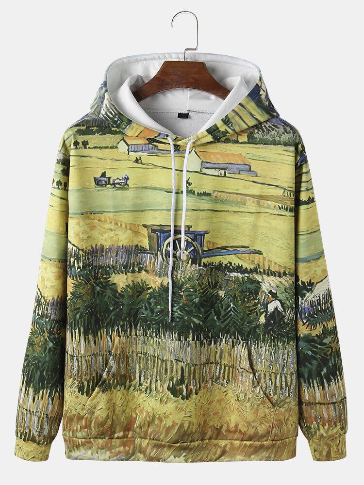 Sudaderas Con Cordón Con Estampado De Pintura De Paisaje Para Hombre Y Bolsillo