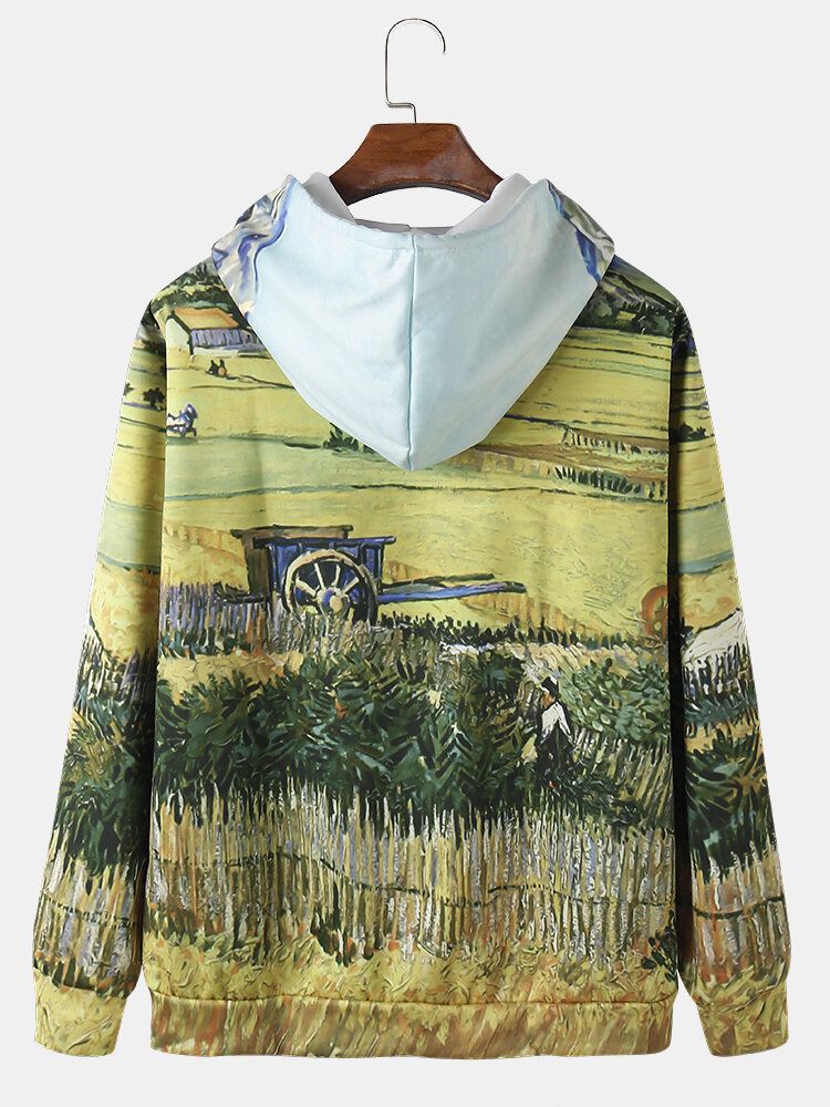 Sudaderas Con Cordón Con Estampado De Pintura De Paisaje Para Hombre Y Bolsillo