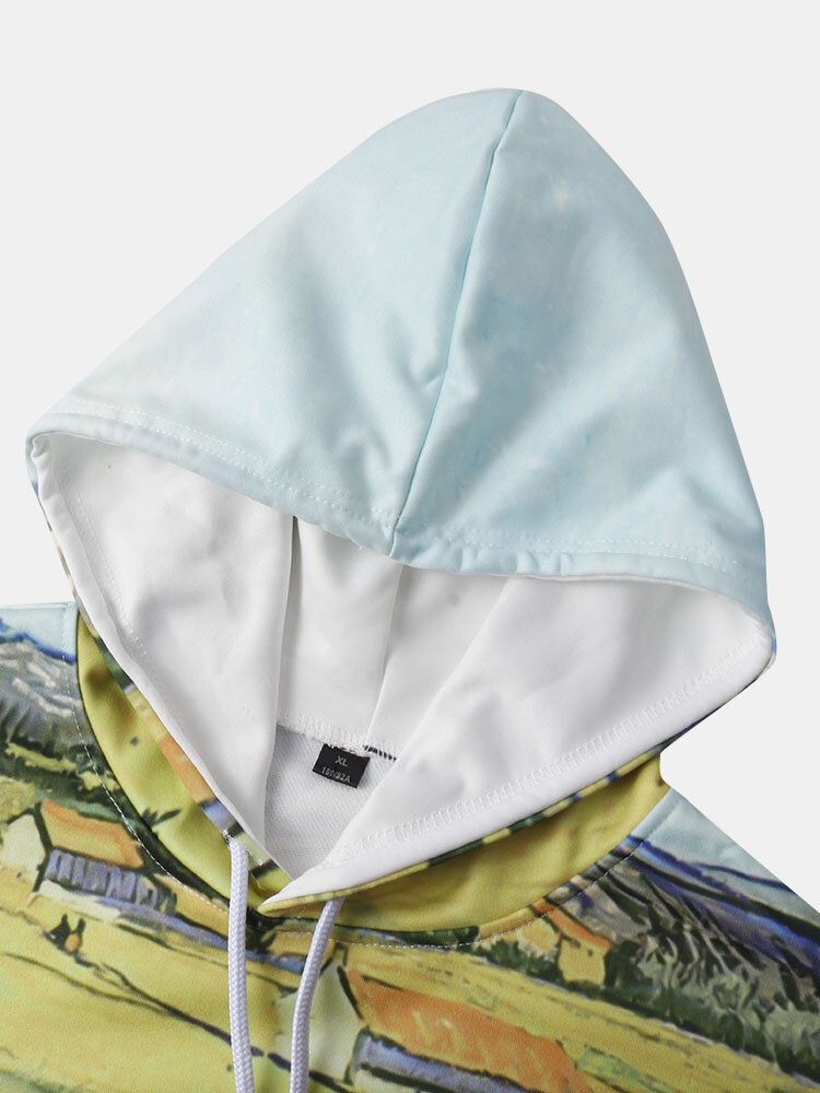 Sudaderas Con Cordón Con Estampado De Pintura De Paisaje Para Hombre Y Bolsillo