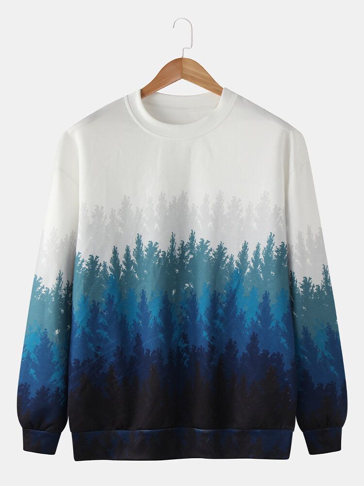 Sudaderas Con Cuello Redondo Blancas Con Estampado De Paisaje Forestal Ombre Para Hombre