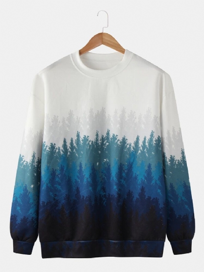 Sudaderas Con Cuello Redondo Blancas Con Estampado De Paisaje Forestal Ombre Para Hombre