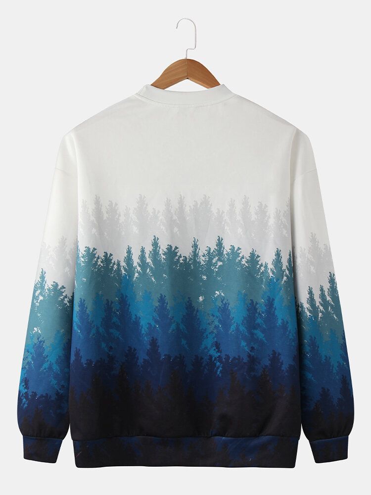 Sudaderas Con Cuello Redondo Blancas Con Estampado De Paisaje Forestal Ombre Para Hombre