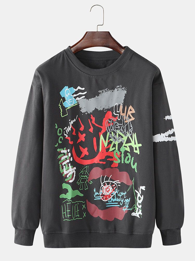 Sudaderas Con Cuello Redondo Y Hombros Caídos De Algodón Con Estampado De Graffiti Para Hombre