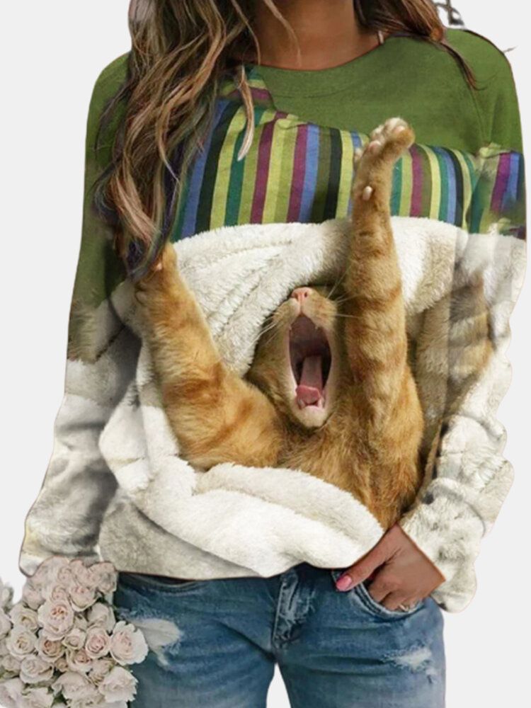 Sudaderas Con Cuello Redondo Y Manga Raglán Con Estampado De Gato Lindo Para Mujer